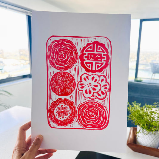 Chinese Pastries A4 Lino Print
