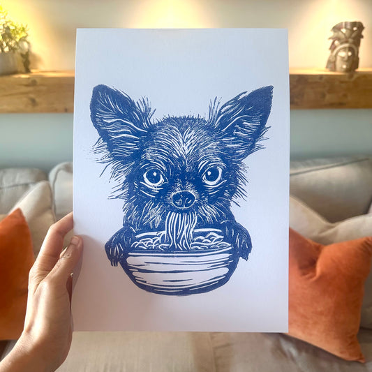 Chihuahua Loves Noodles A4 Lino Print
