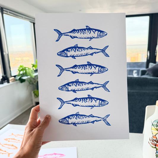 Six Mackerels A4 Lino Print