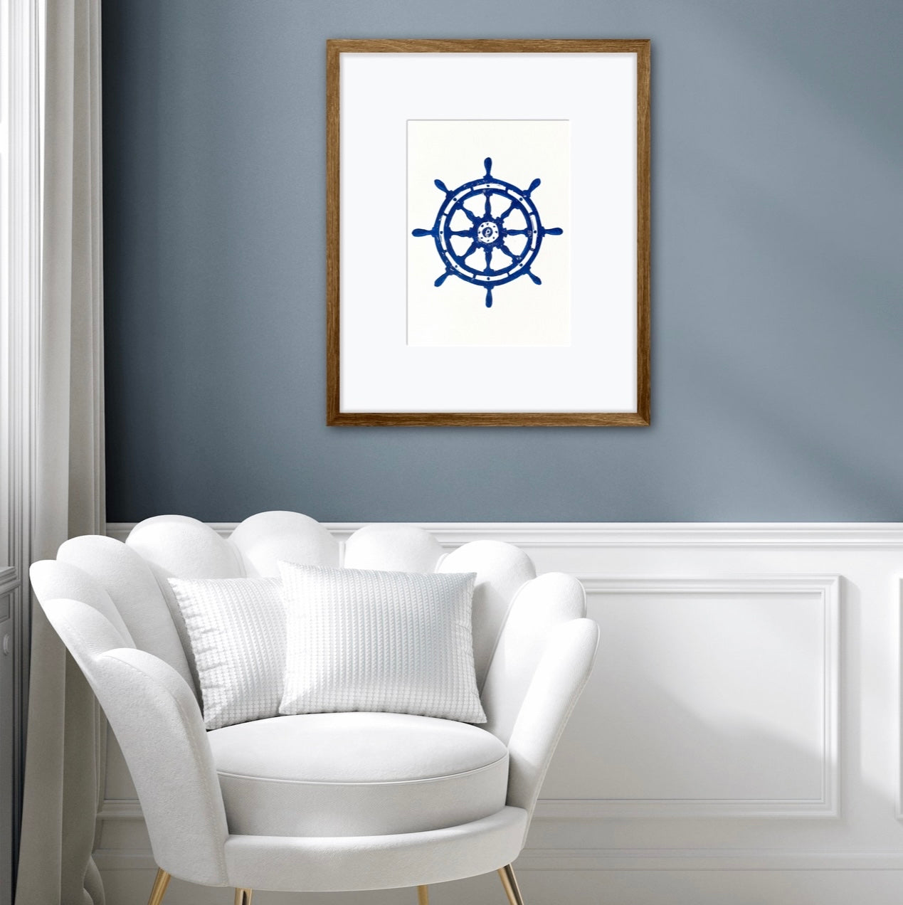 Navy Blue Ships Wheel A4 Lino Print