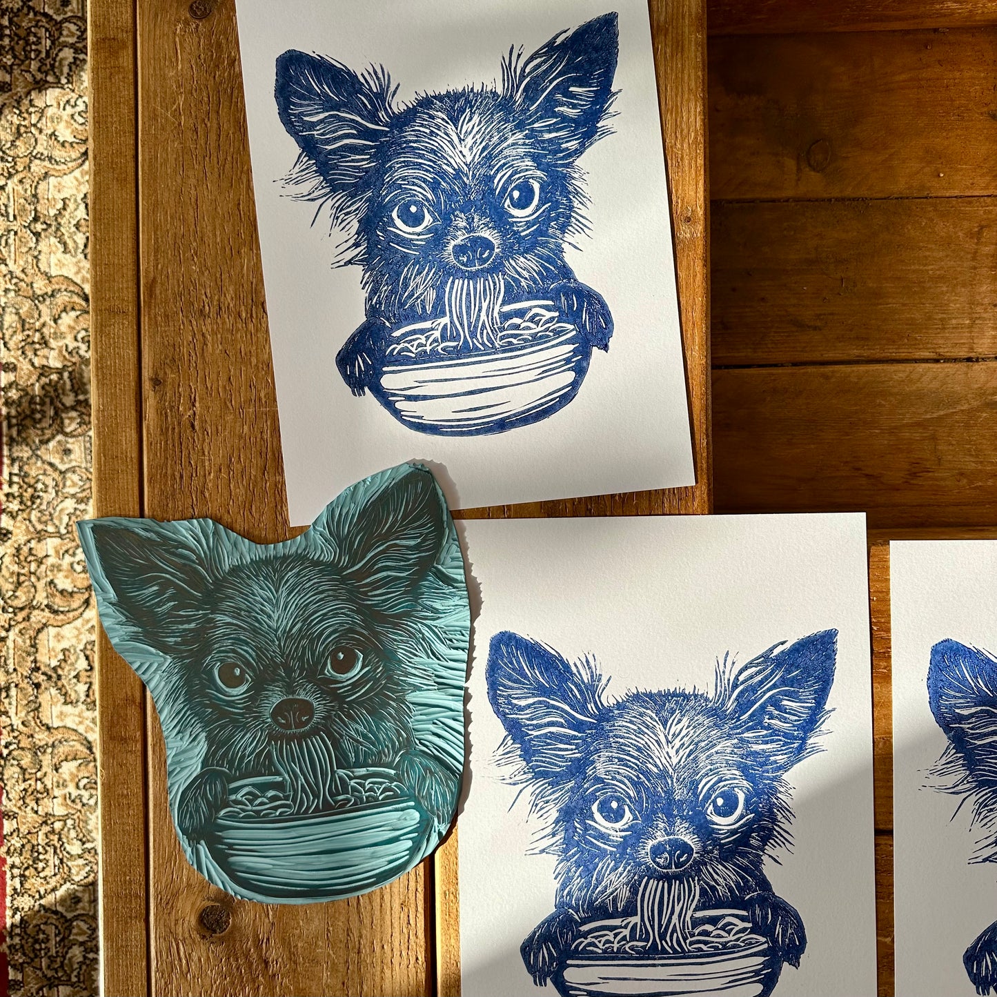 Chihuahua Loves Noodles A4 Lino Print