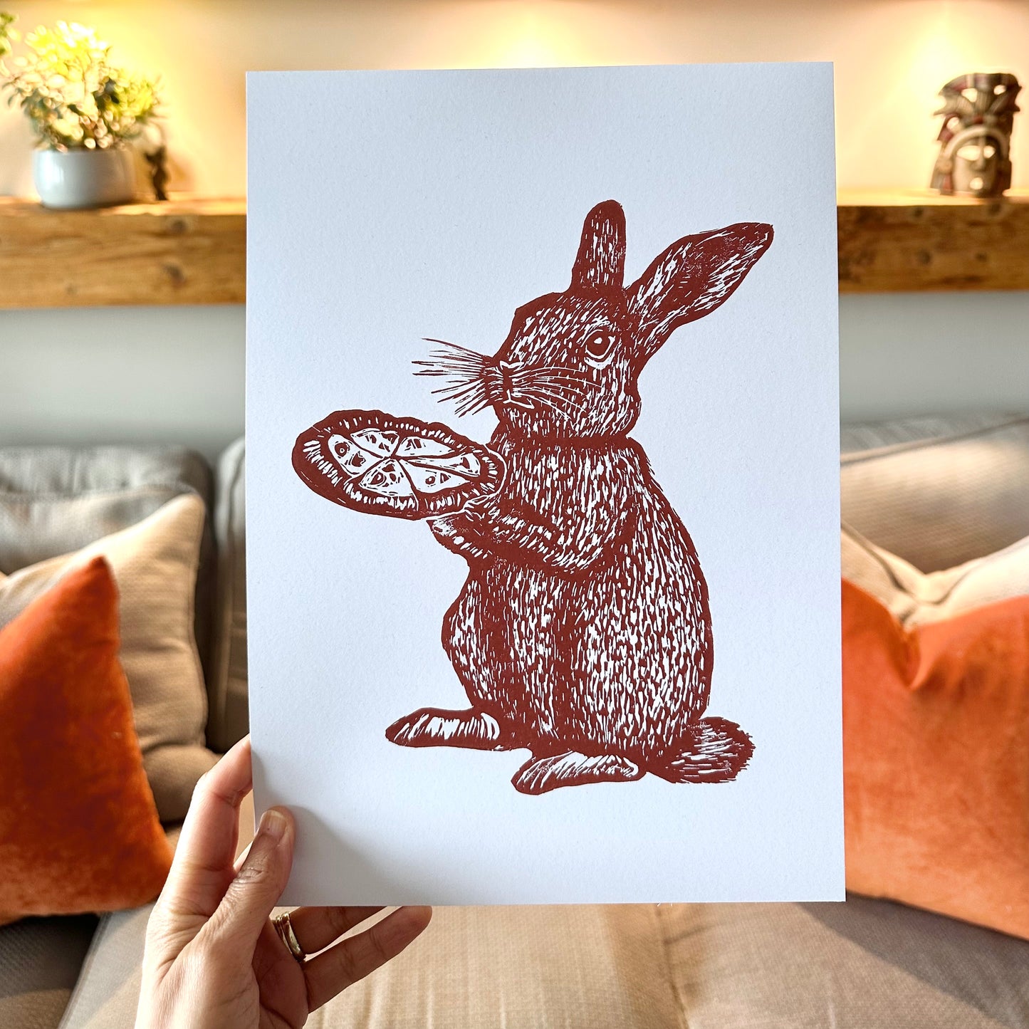 Pizza Rabbit A4 Lino Print
