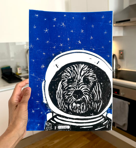 Dog in Space Lino Print A4