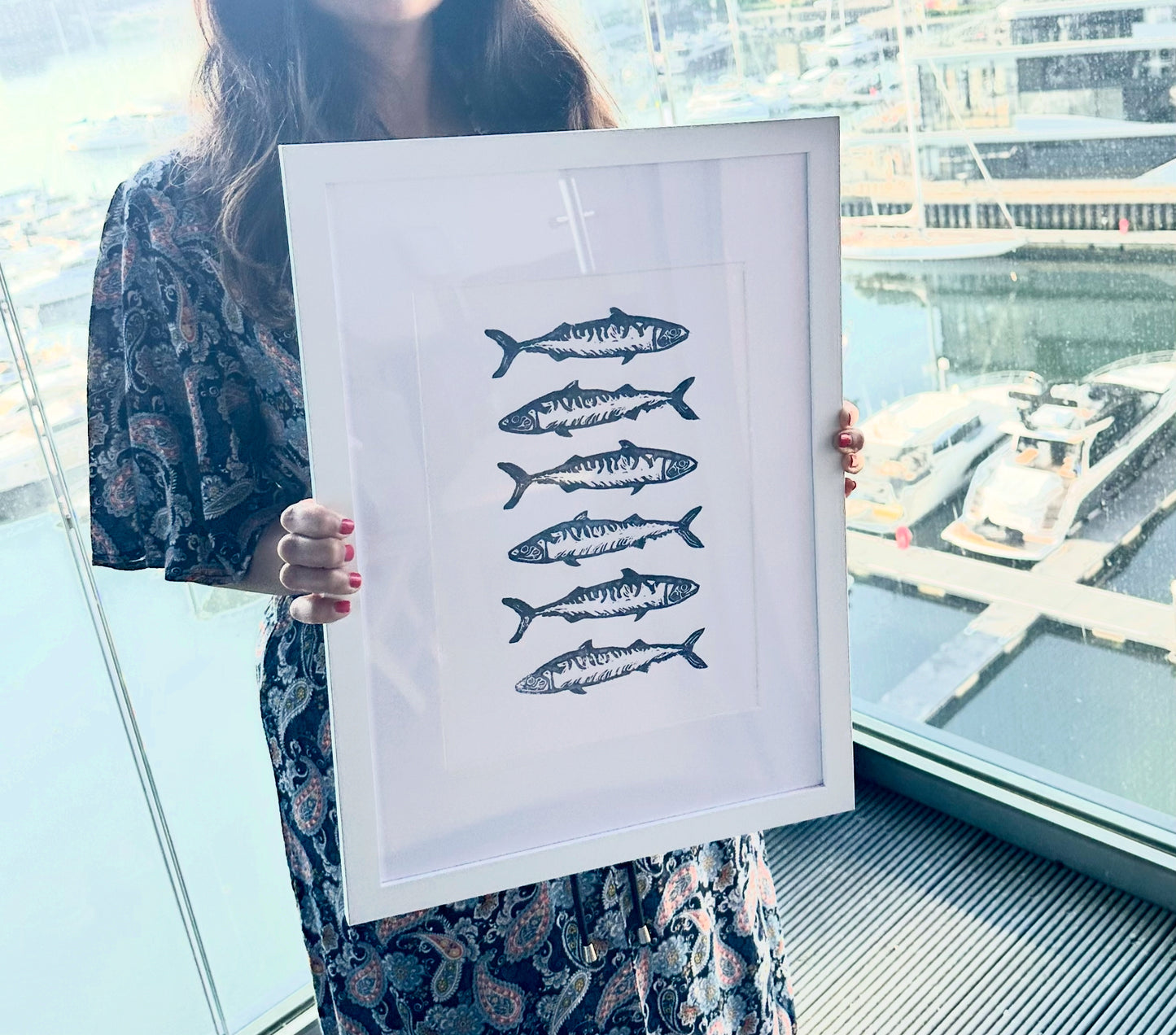 Six Mackerels A4 Lino Print