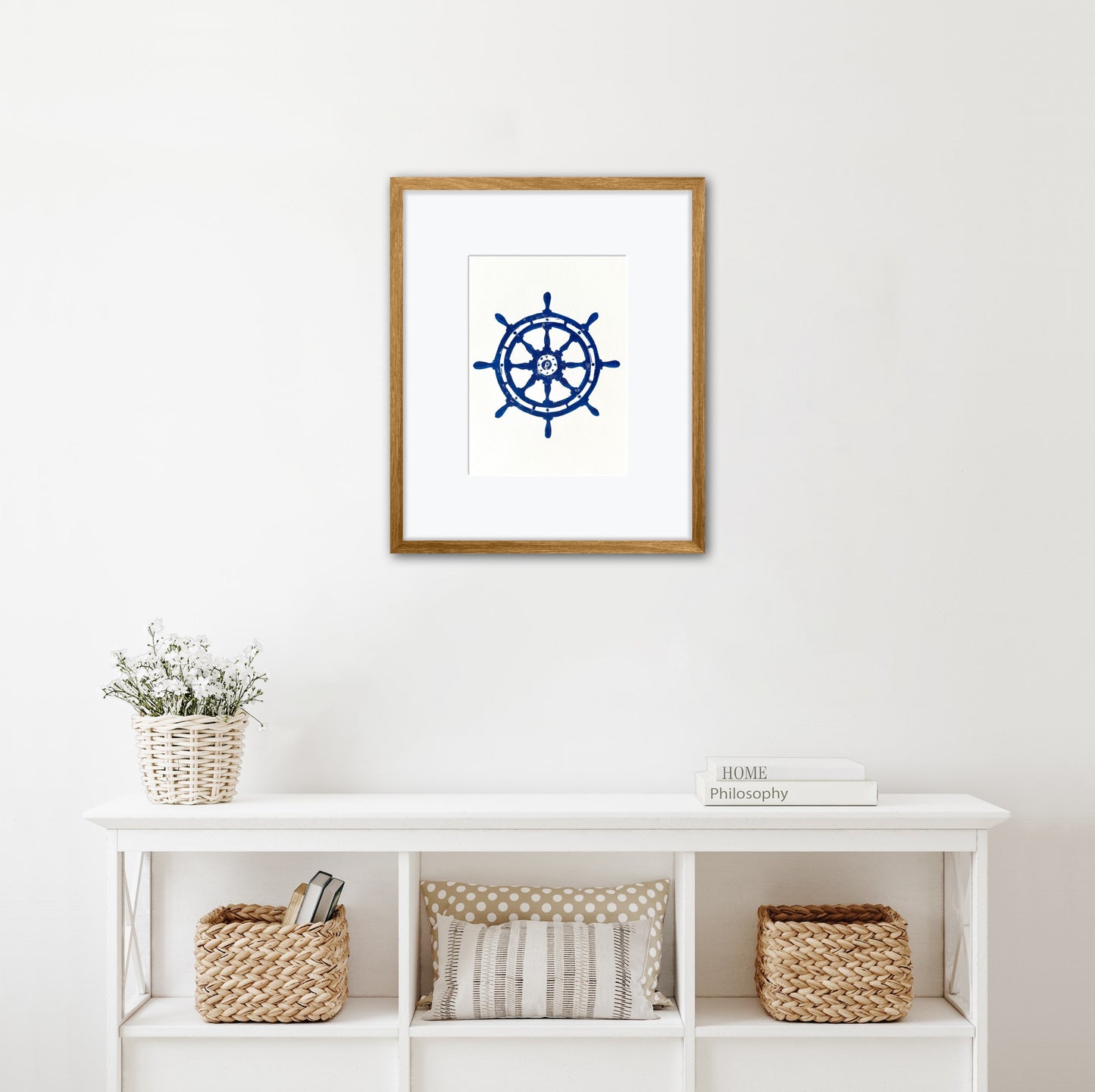 Navy Blue Ships Wheel A4 Lino Print