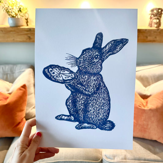 Pizza Rabbit A4 Lino Print