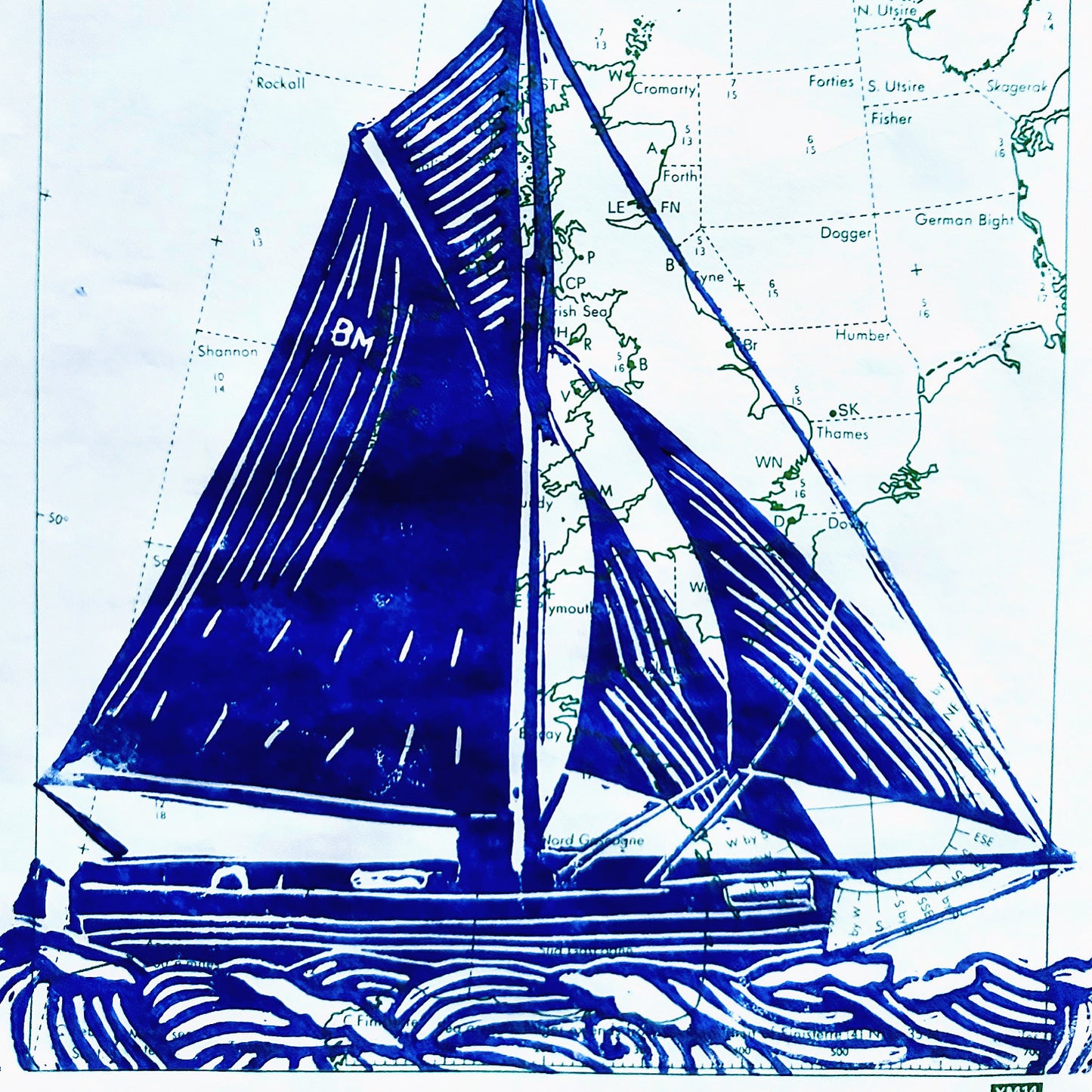 Yacht on Shipping Paper A4 Lino Print