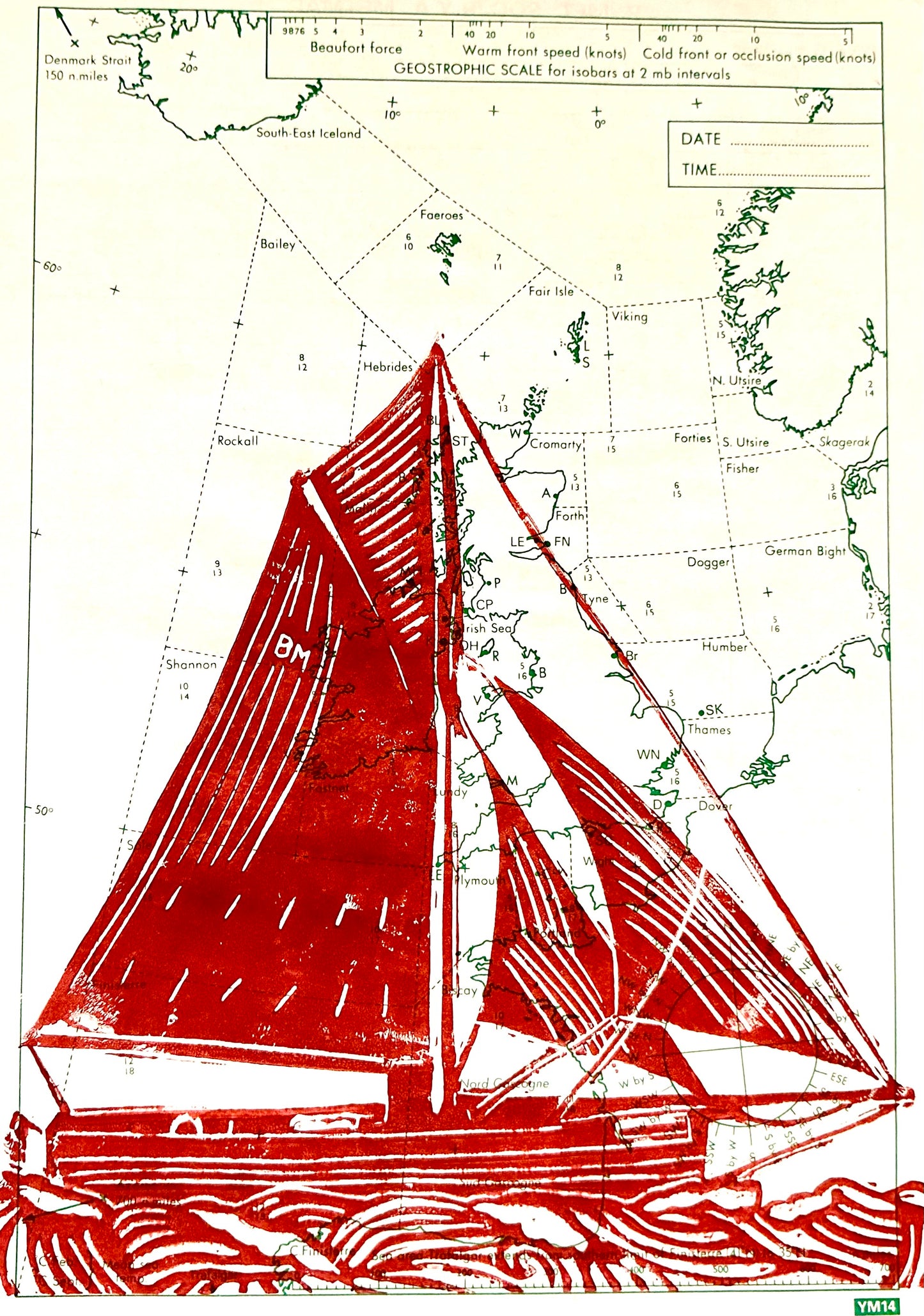 Yacht on Shipping Paper A4 Lino Print