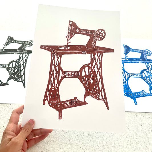 Singer Sewing Machine Lino Print A4