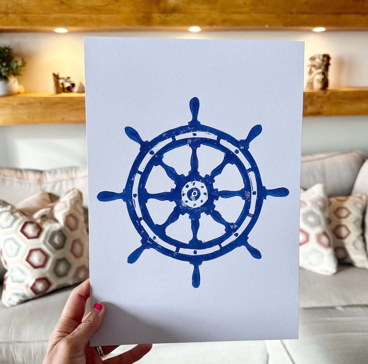 Navy Blue Ships Wheel A4 Lino Print