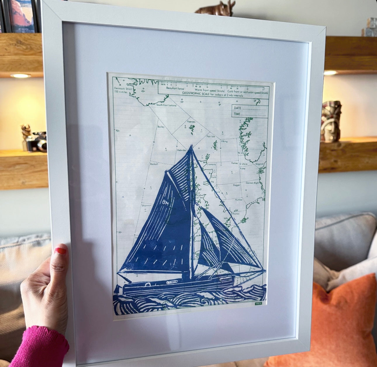 Yacht on Shipping Paper A4 Lino Print