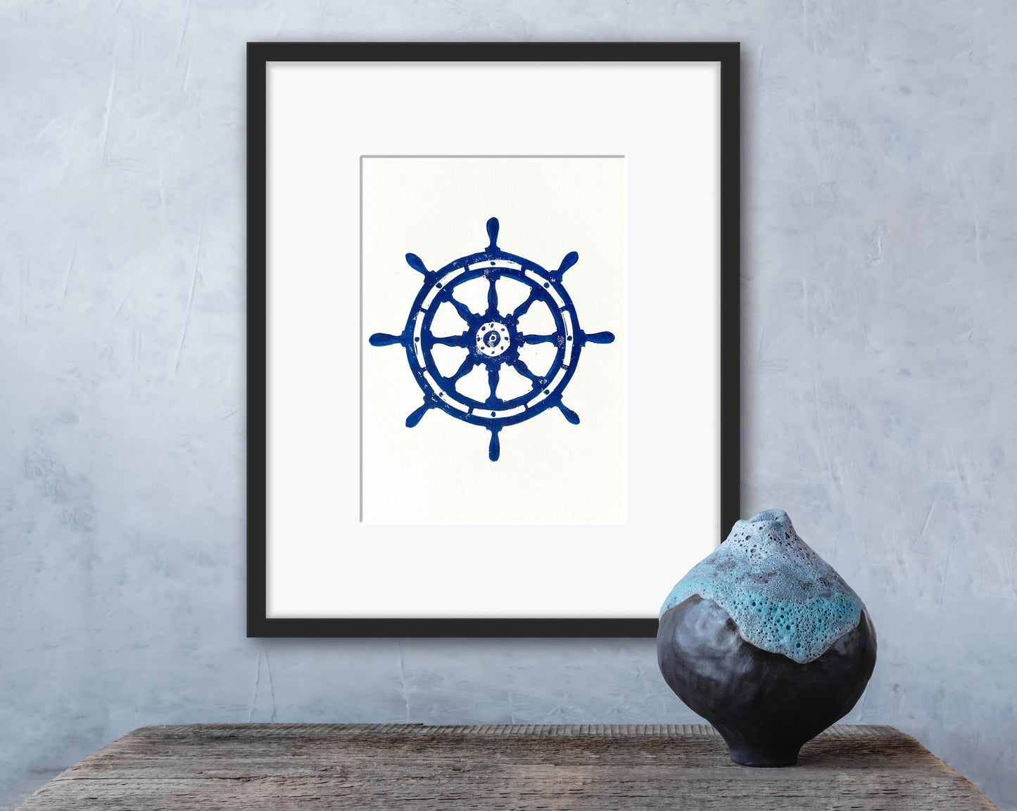Navy Blue Ships Wheel A4 Lino Print