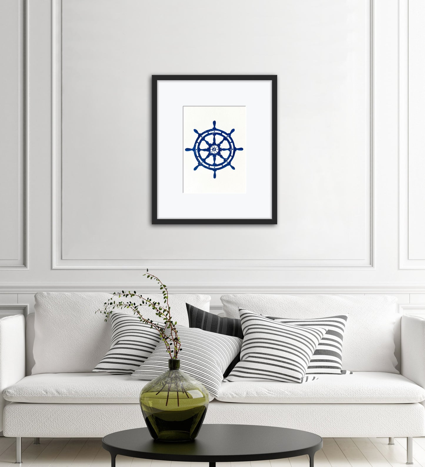 Navy Blue Ships Wheel A4 Lino Print