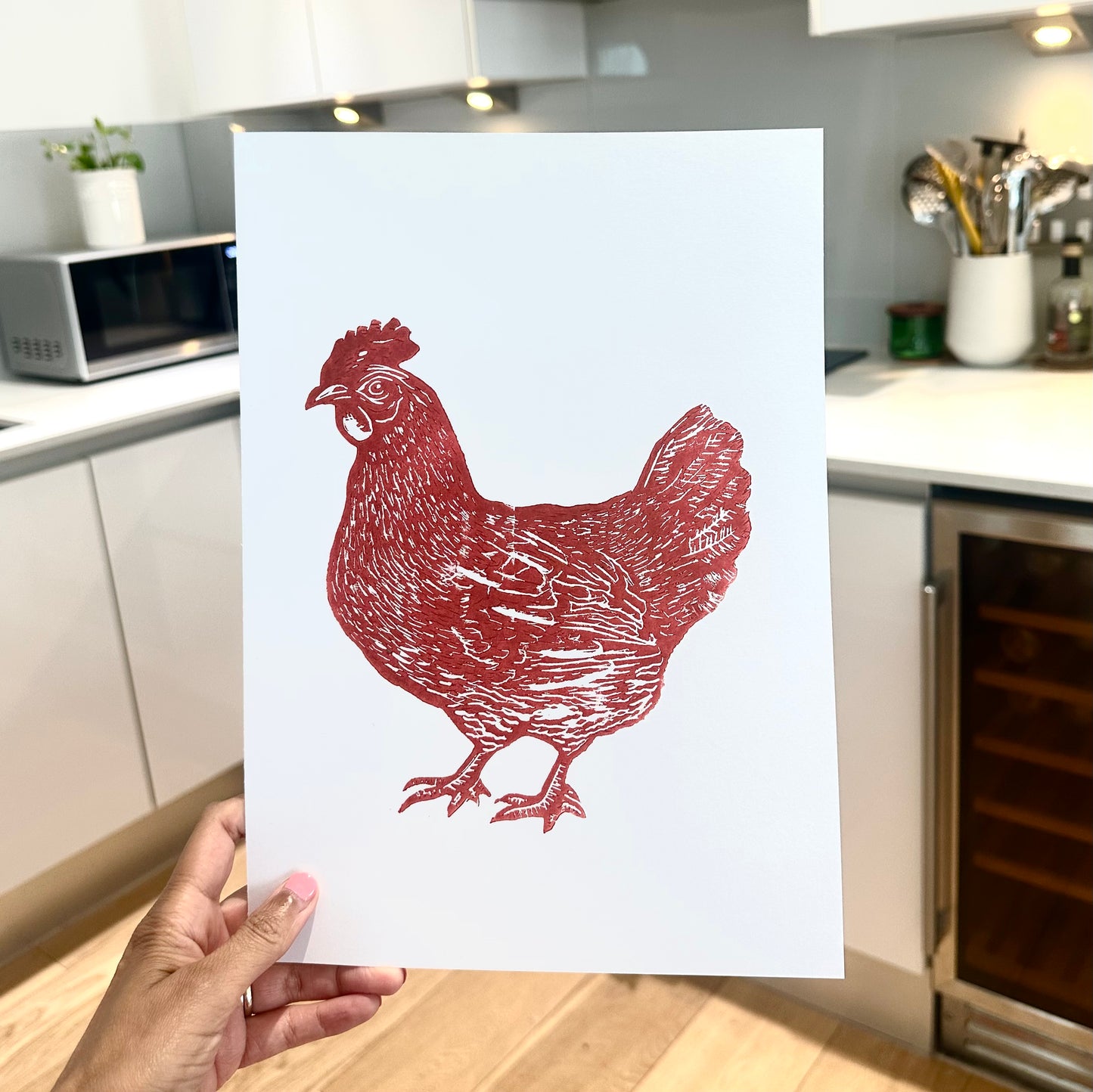 Chicken Lays Croissant A4 Lino Print