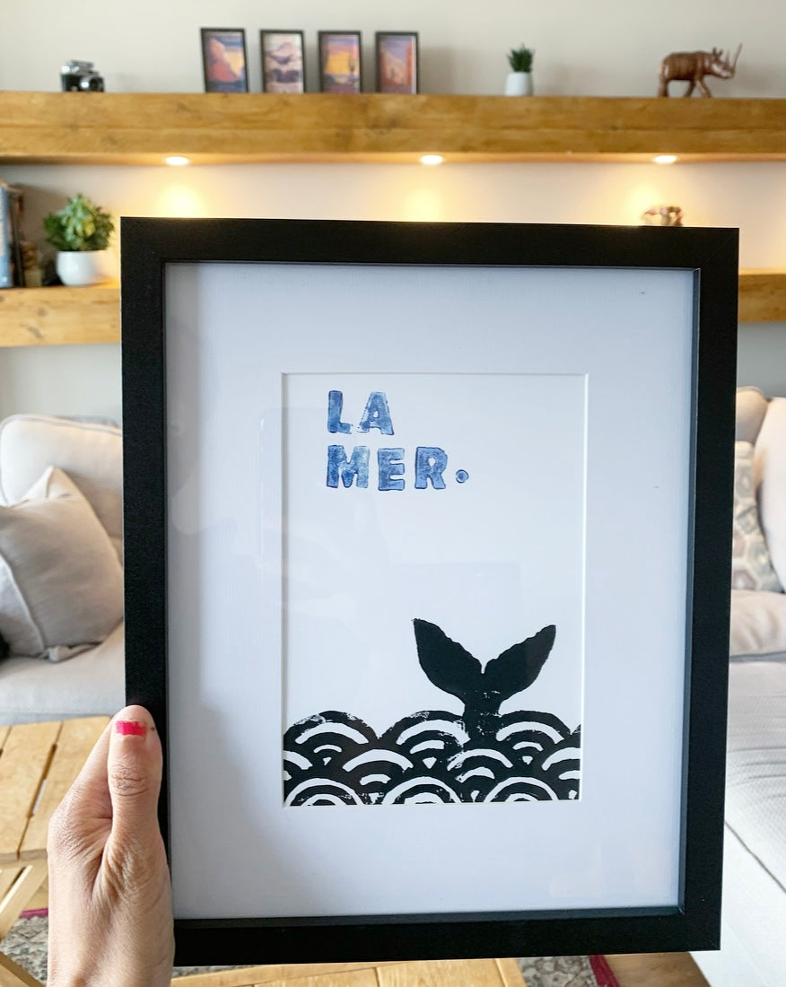 Whale, La Mer A5 Lino Print