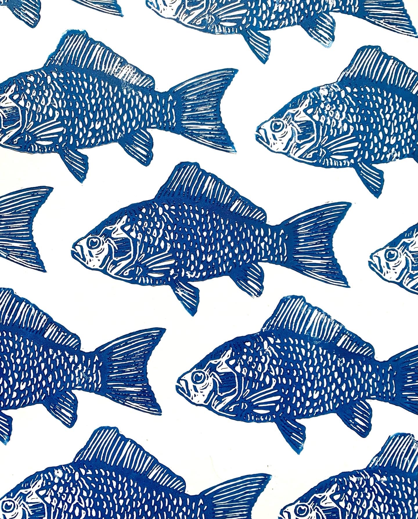 A Few Blue Fishes A4 Lino Print