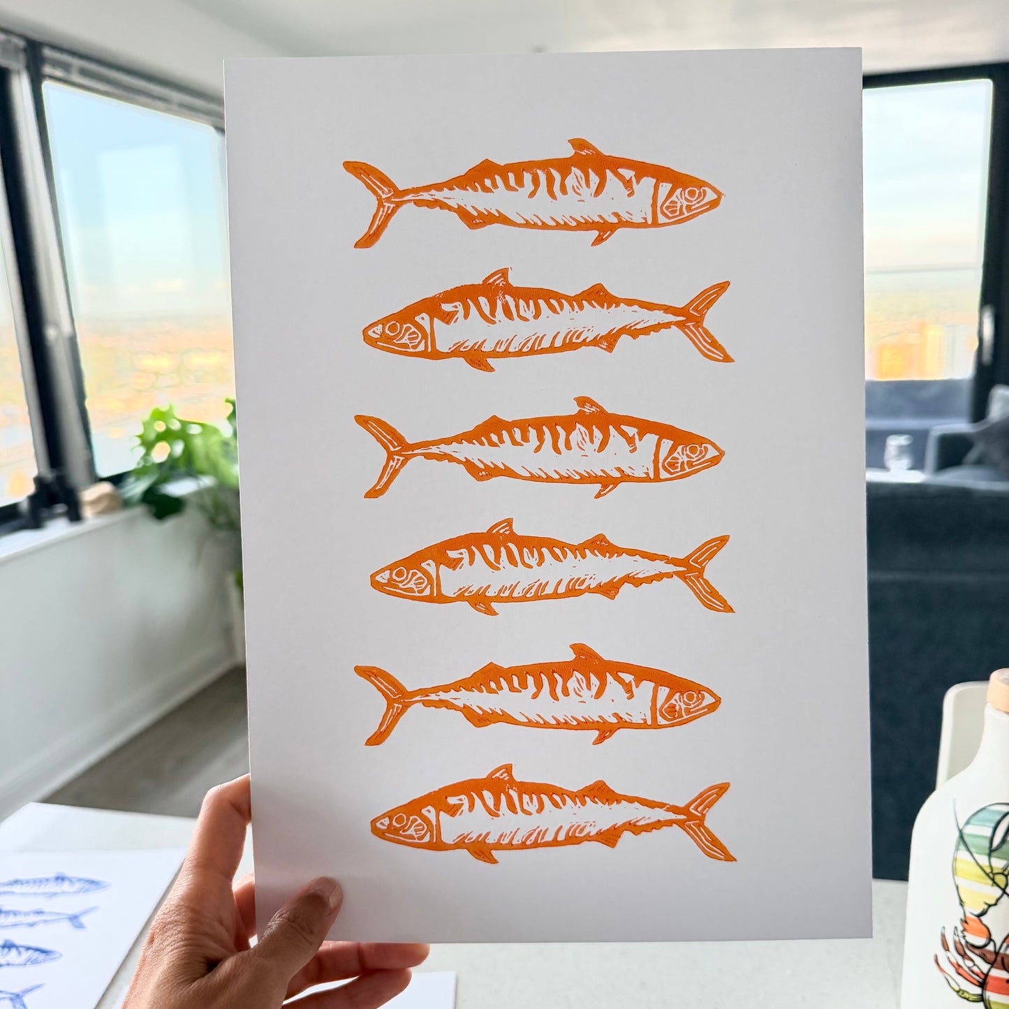 Six Mackerels A4 Lino Print