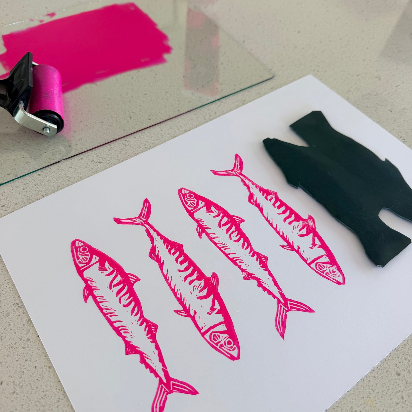Six Mackerels A4 Lino Print