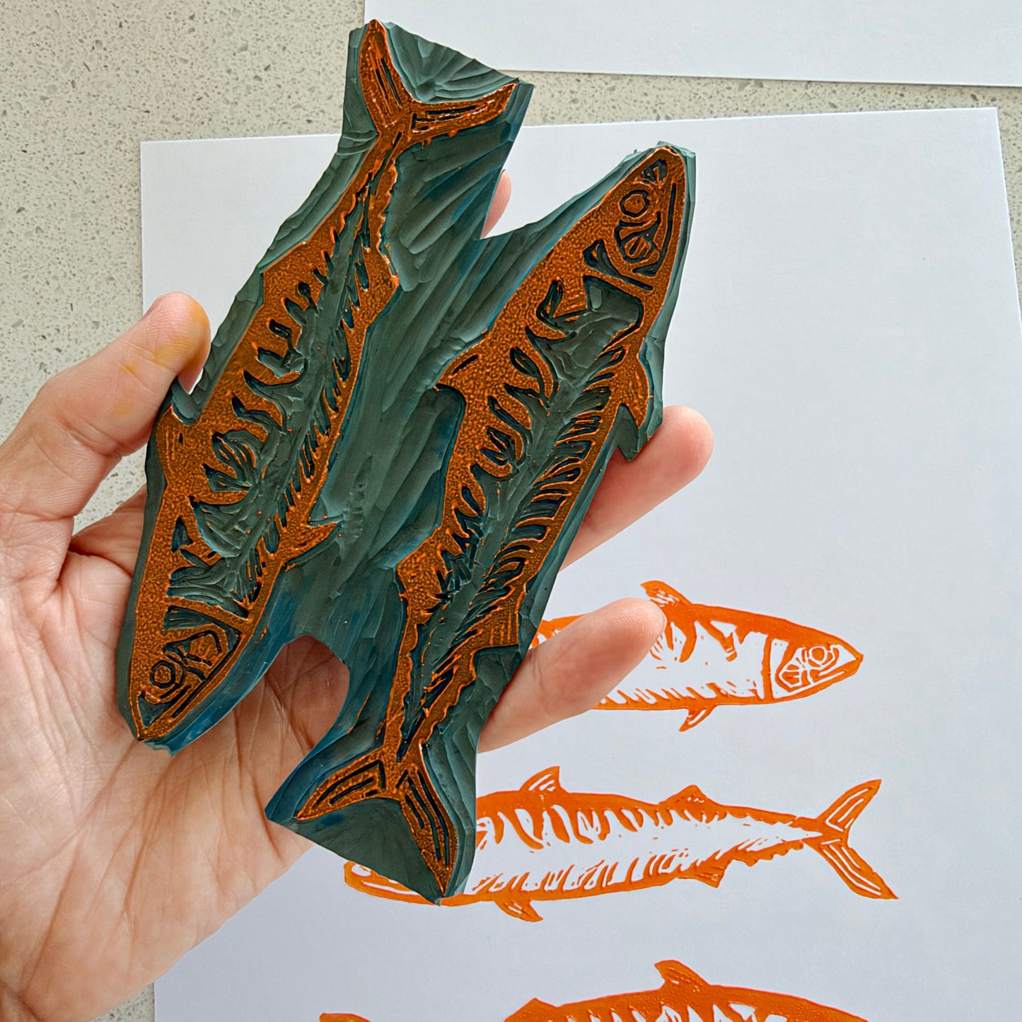 Six Mackerels A4 Lino Print