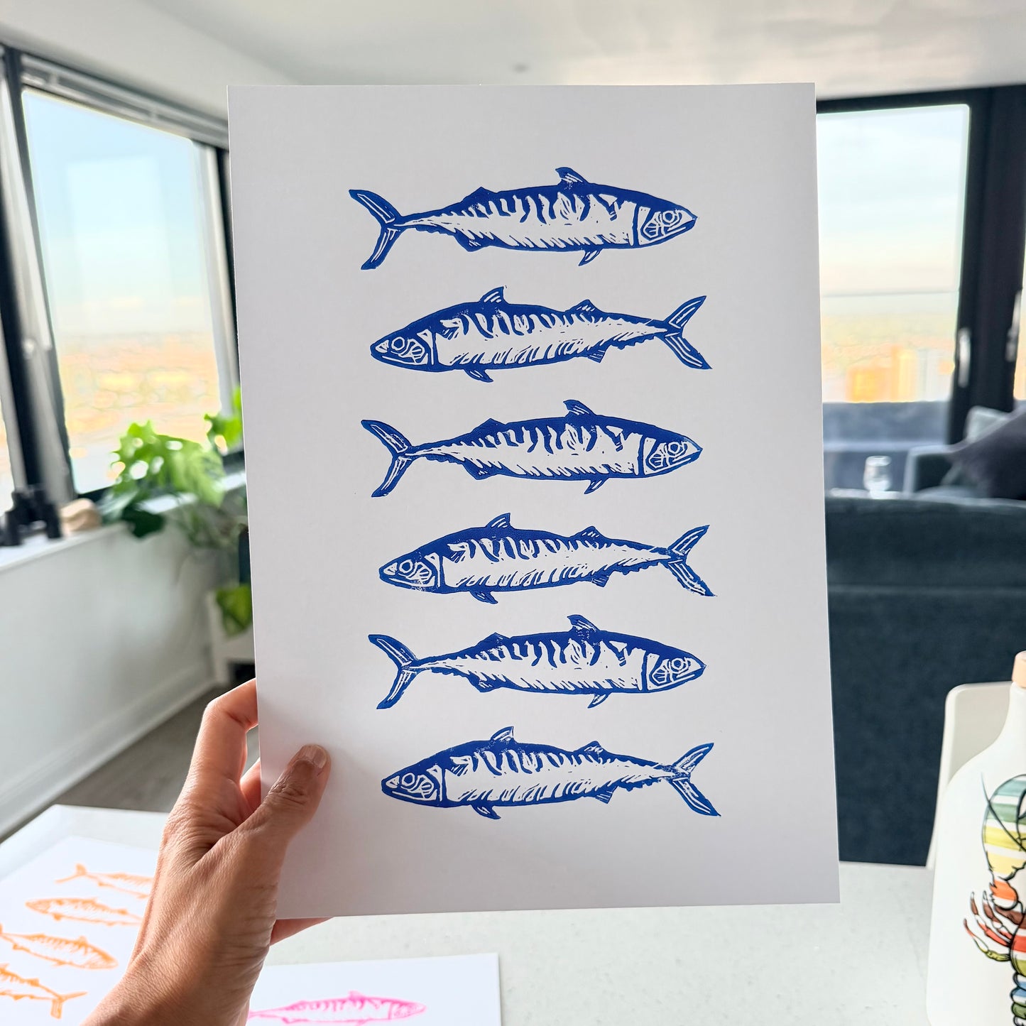 Six Mackerels A4 Lino Print
