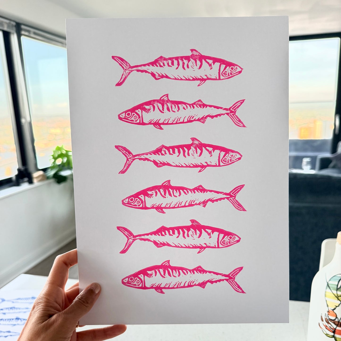 Six Mackerels A4 Lino Print