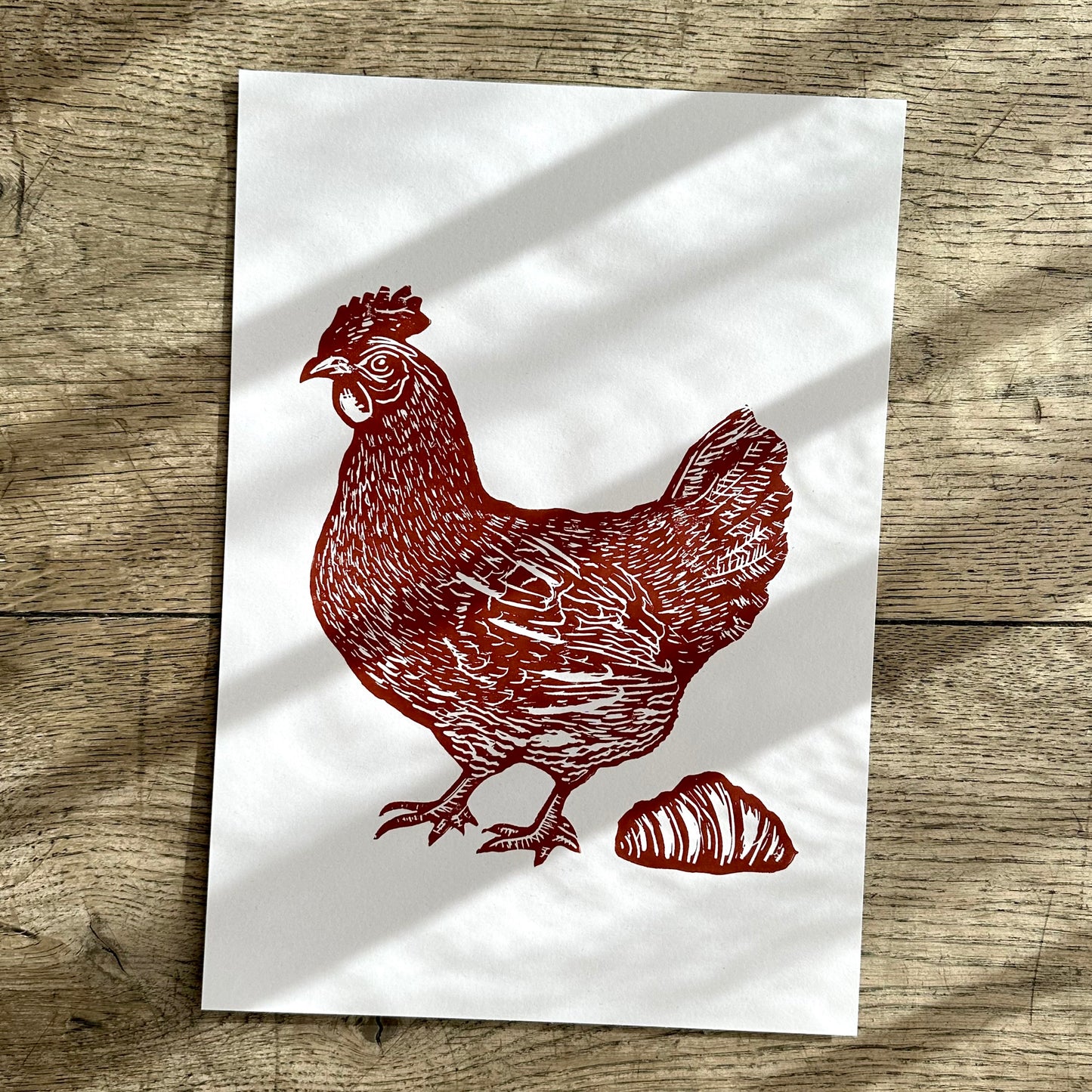 Chicken Lays Croissant A4 Lino Print