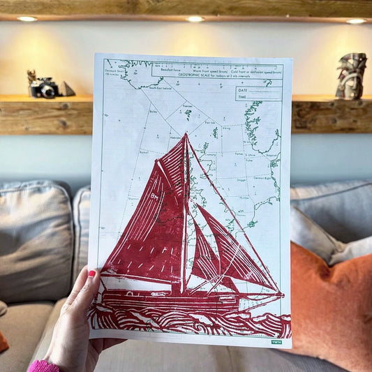 Yacht on Shipping Paper A4 Lino Print