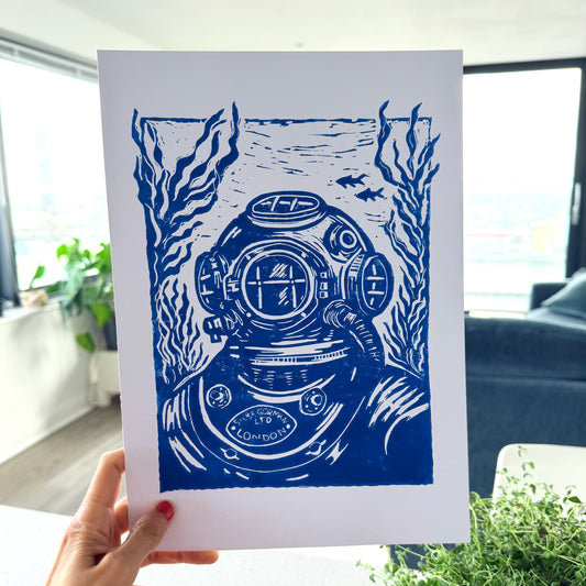 Diver A4 Lino Print