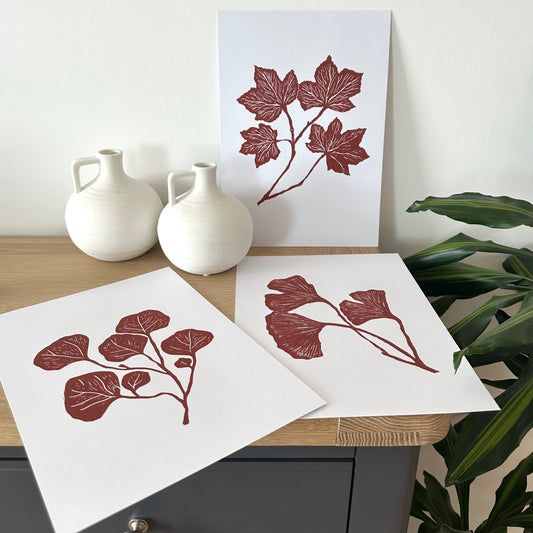 Set of 3 Botanical Leaves A4 Lino Prints