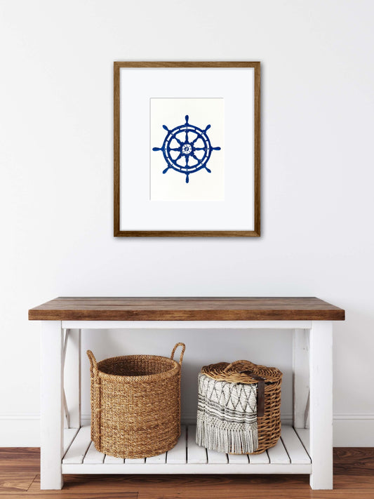 Navy Blue Ships Wheel A4 Lino Print