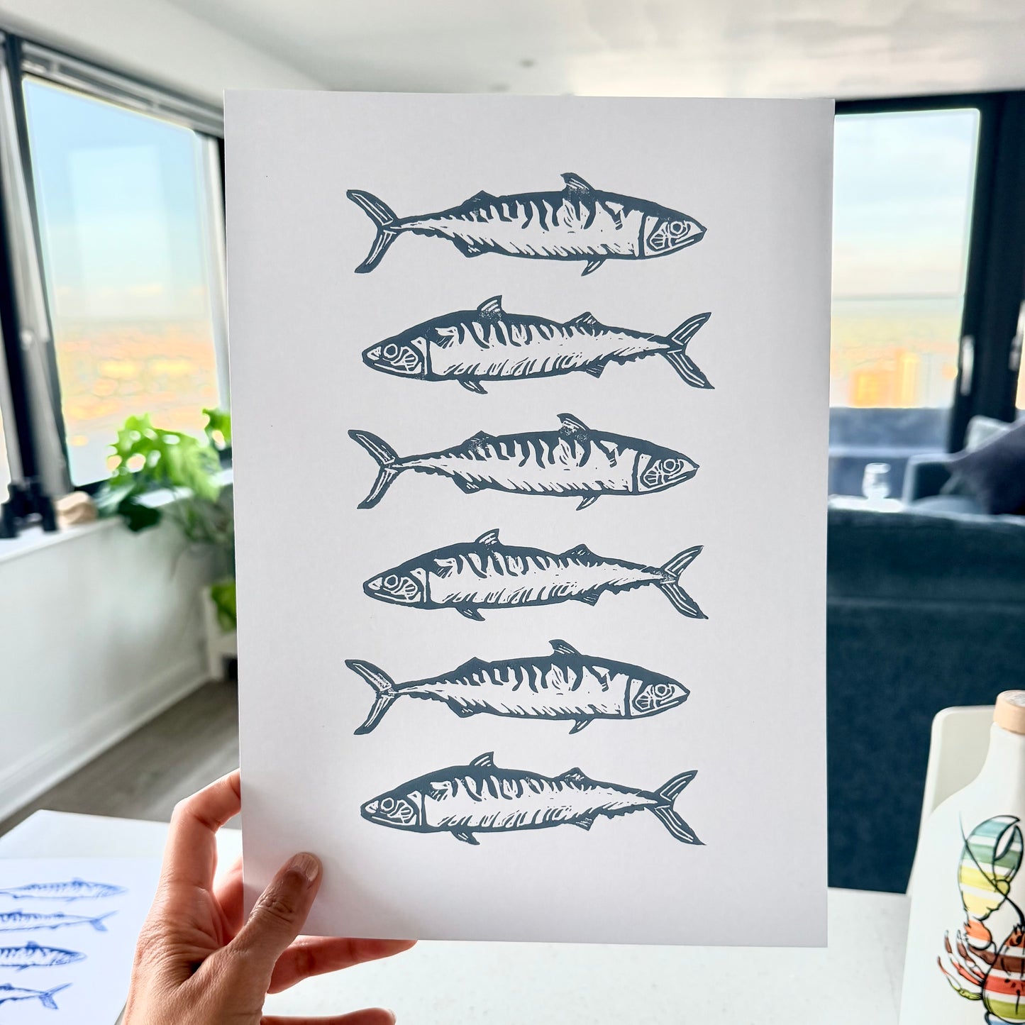 Six Mackerels A4 Lino Print