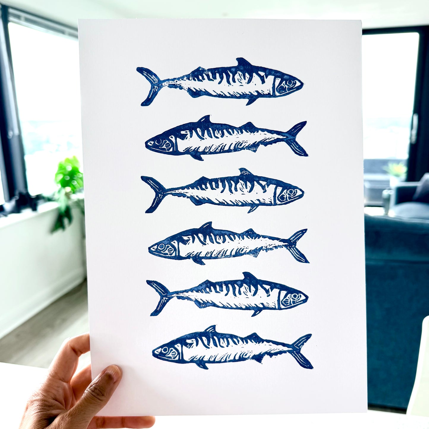 Six Mackerels A4 Lino Print