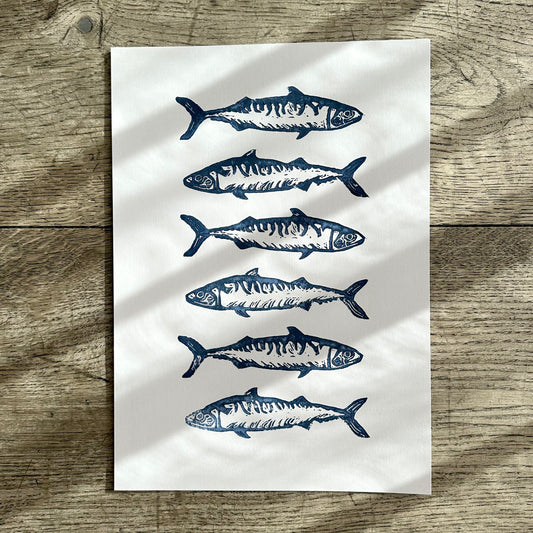 Six Mackerels A4 Lino Print