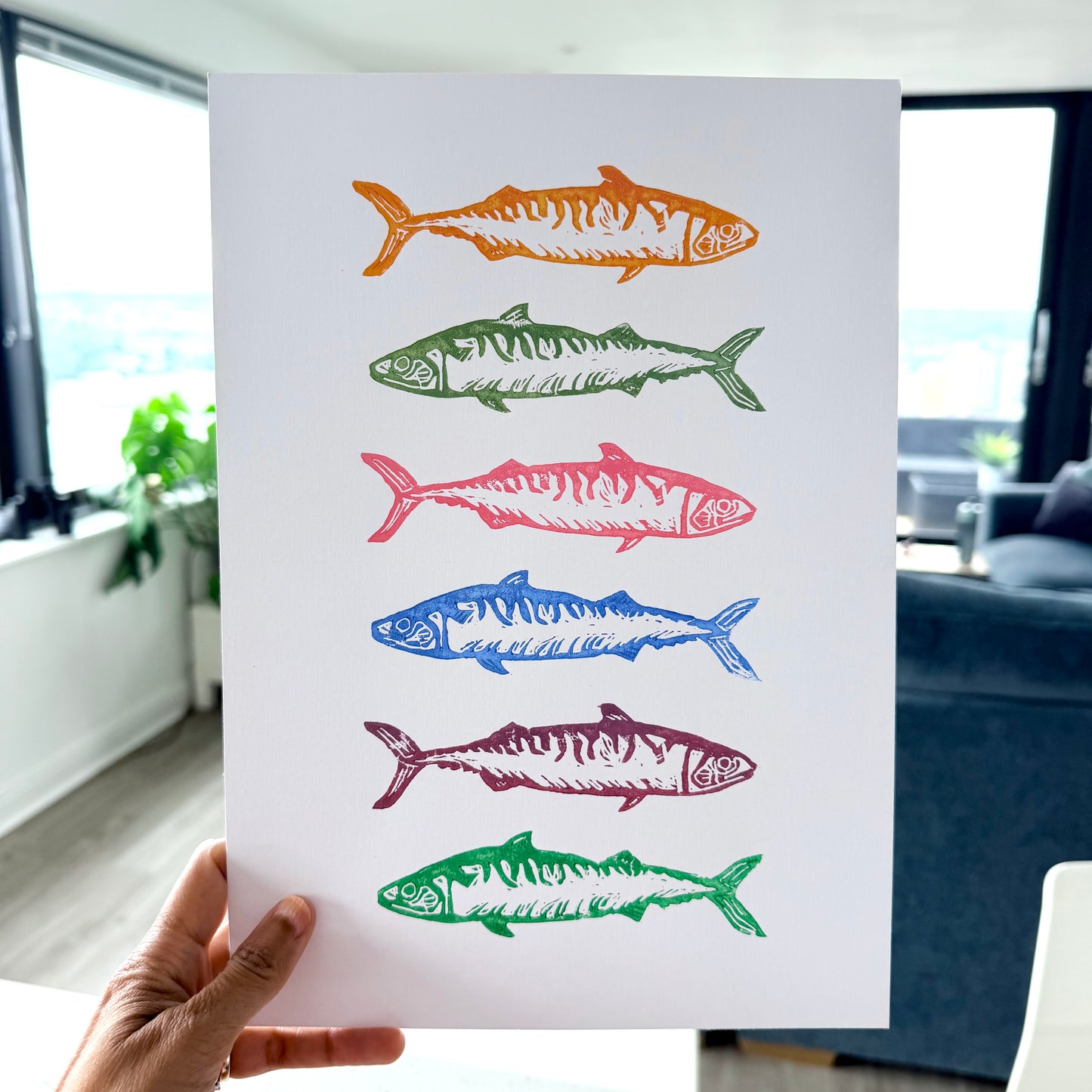 Six Mackerels A4 Lino Print