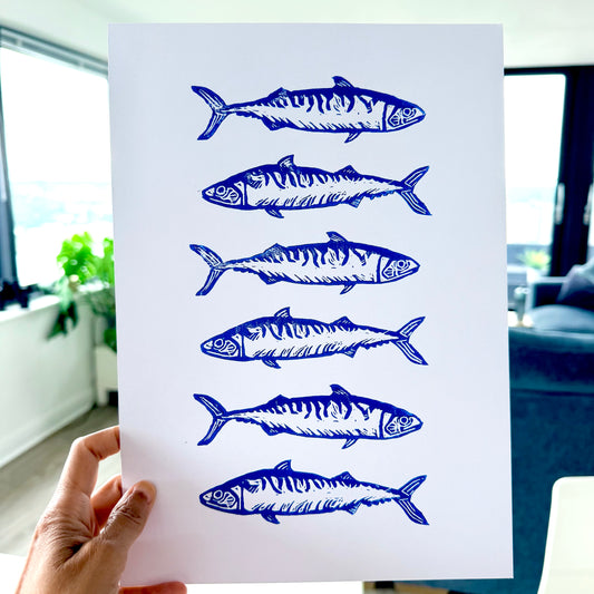 Six Mackerels A4 Lino Print