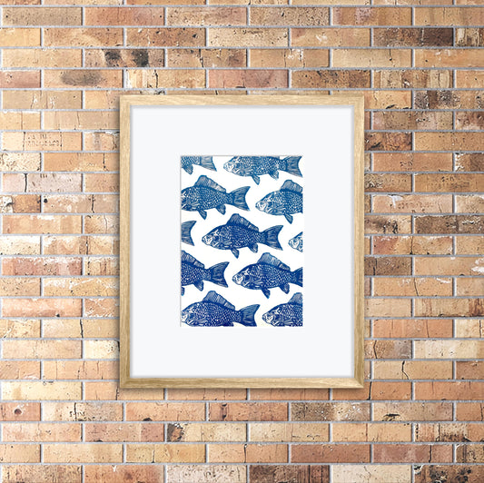 A Few Blue Fishes A4 Lino Print
